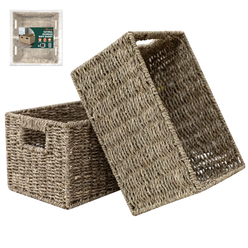 HOMESTEAD 2-Pack Seagrass Baskets with Handles – 13.5" x 8" Medium Decorative Basket for Storage, Shelf Baskets for Organizing Bedroom, Bathroom, or Living Room