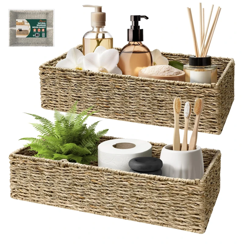 HOMESTEAD Seagrass Storage Baskets, Long Narrow Rectangular Wicker Baskets for Bedroom, Living Room, Bathroom, Shelves - Set of 2