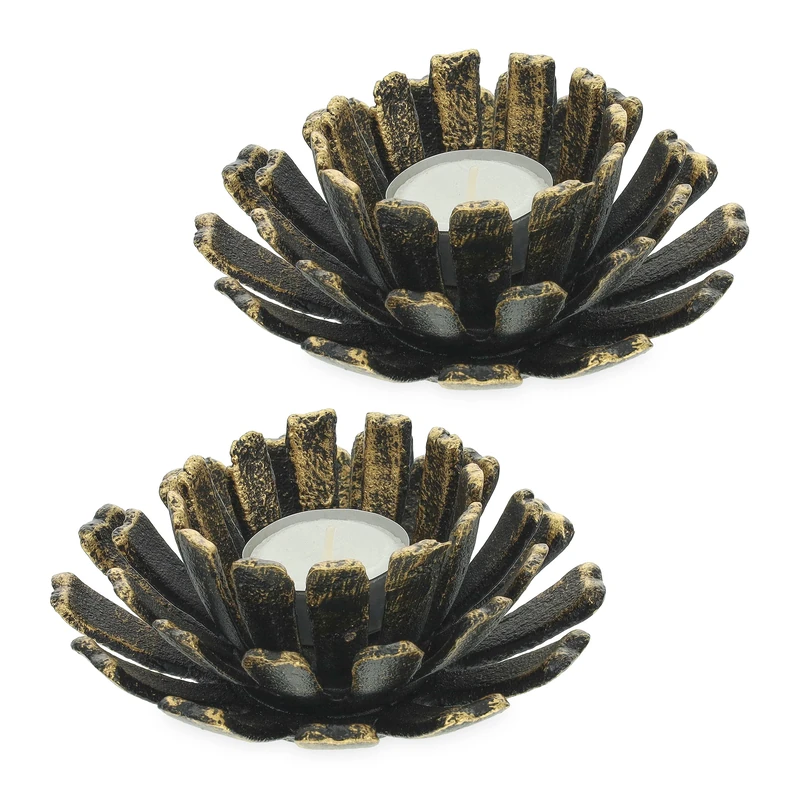 Relaxdays Tealight Holder, Set of 2, Flower Shape, Candle Stand, Cast Iron, Indoors & Outdoors, HxØ 6 x 13.5 cm, Bronze