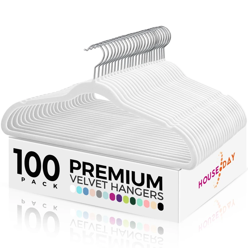 HOUSE DAY Premium Velvet Hangers 100 Pack White, Non-Slip Flocked Felt Hangers, Sturdy Clothes Hanger with 360° Rotatable Hook, Heavy Duty Durable Slim Coat Hanger for Closet Space Saving