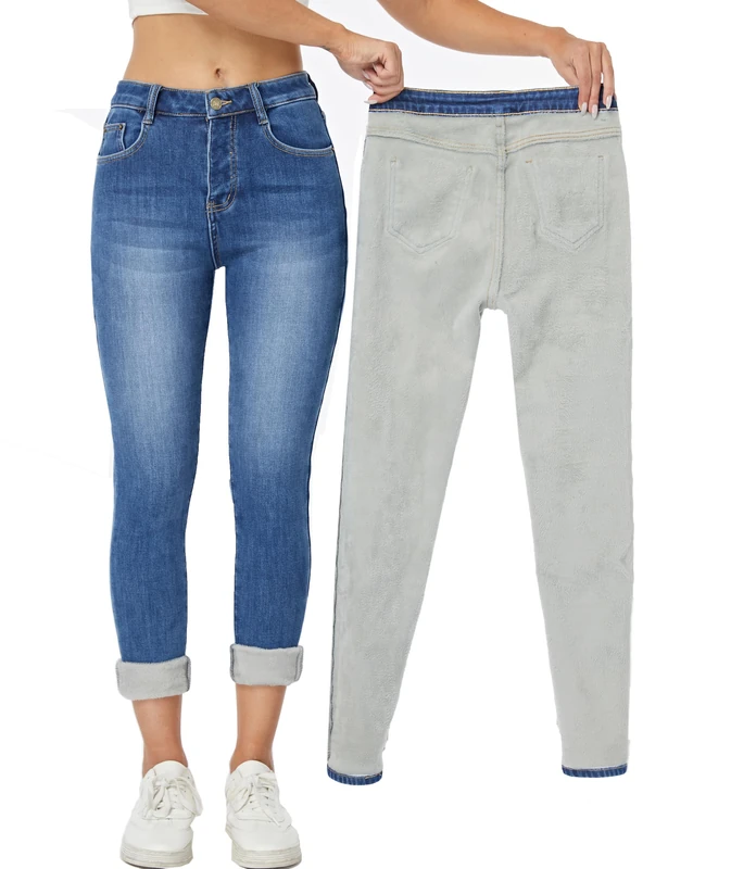 Yehopere Women's Winter Fleece Lined Jeans Slim Fit Warm Skinny High Waist Denim Jeans, Blue As22, XS