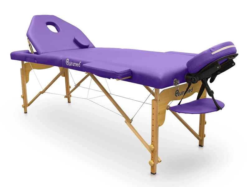 QUIRUMED Pro Wooden Folding Stretcher, 194 x 70 cm, with Folding Back, Purple, Leatherette, Facial Hole, Removable Head, Adjustable Height, Up to 150 kg