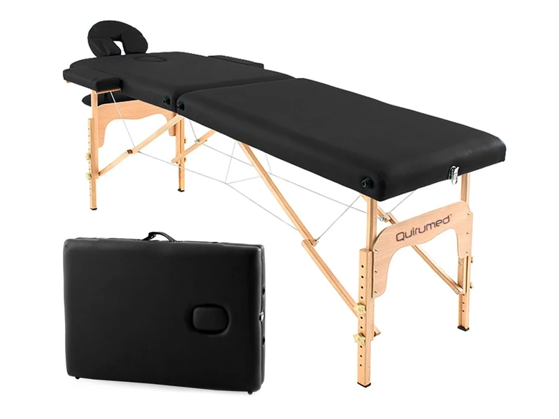 QUIRUMED Easy Wooden Folding Massage Table, Black, 182 x 60 cm, Leatherette, Portable, Lightweight Removable Head, Facial Hole, Adjustable Height, Up to 120 kg