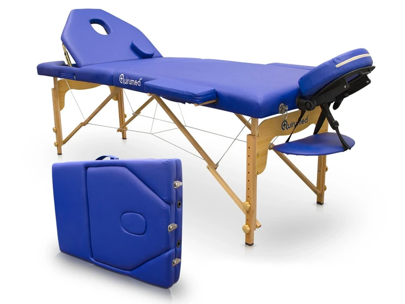 Quirumed Wooden Folding Stretcher Pro, 194 x 70 cm, With Folding Backrest, Blue, Leatherette, Face hole, Removable Headrest, Height adjustable, Up to 150 kg