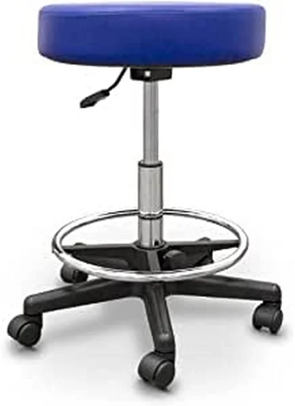 Quirumed Adjustable Pouffe Stool with Footrest Ring Adjustable Gas Lift Blue Colour Faux Leather Swivel 135kg