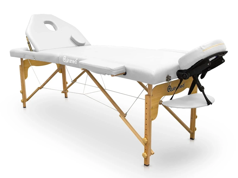 Quirumed Wooden Folding Couch Pro, 194 x 70 cm, with Folding Backrest, White, Leatherette, Face hole, Removable Headrest, Height adjustable, Up to 150 kg