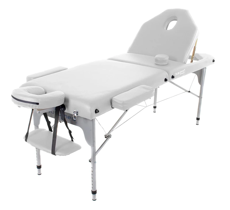 Quirumed Aluminium Folding Massage Table, 186 x 66 cm, Upholstery 14 cm, Leatherette, White, Adjustable Height, Folding Backrest, Lightweight, up to 150 kg