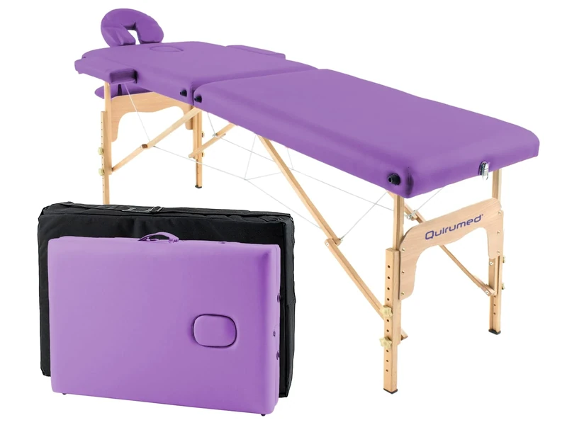 Quirumed Easy Wooden Folding Massage Table, Purple Color, 182 x 60 cm, Leatherette, Portable, Lightweight Removable Head, Facial Hole, Adjustable Height, Up to 120 kg