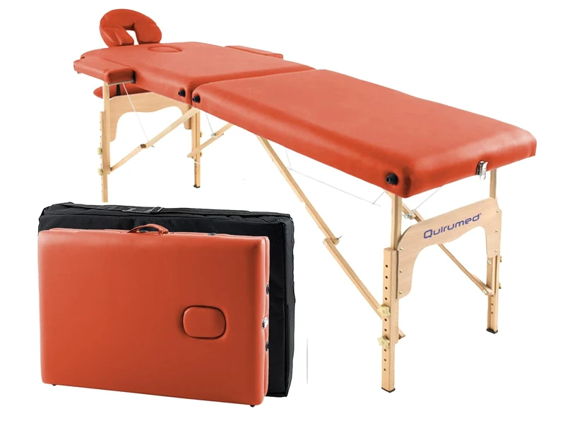Quirumed Easy Wooden Folding Massage Table, Orange Color, 182 x 60 cm, Leatherette, Portable, Lightweight Removable Head, Facial Hole, Adjustable Height, Up to 120 kg