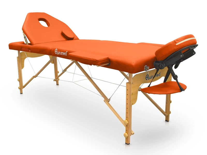 QUIRUMED Pro Wooden Folding Table 194 x 70 cm with Folding Backrest, Orange, Leatherette, Facial Hole, Removable Head, Adjustable Height, Up to 150 kg
