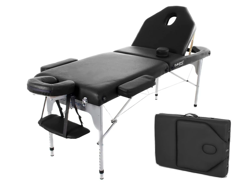Quirumed Aluminium Folding Massage Table, 186 x 66 cm, Upholstery 14 cm, Leatherette, Black, Adjustable Height, Foldable Backrest, Lightweight, Up to 150 kg