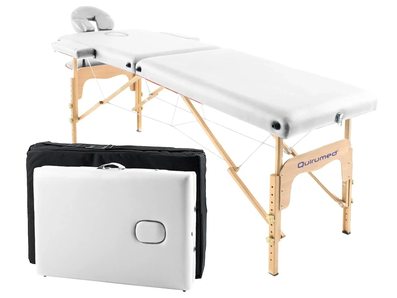 Quirumed Easy Wooden Folding Massage Table, White Color, 182 x 60 cm, Leatherette, Portable, Lightweight Removable Head, Facial Hole, Adjustable Height, Up to 120 kg