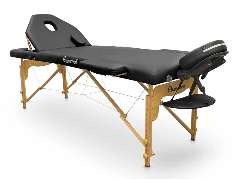 QUIRUMED Pro Wooden Folding Stretcher, 194 x 70 cm, with Folding Back, Black, Leatherette, Facial Hole, Removable Head, Adjustable Height, Up to 150 kg