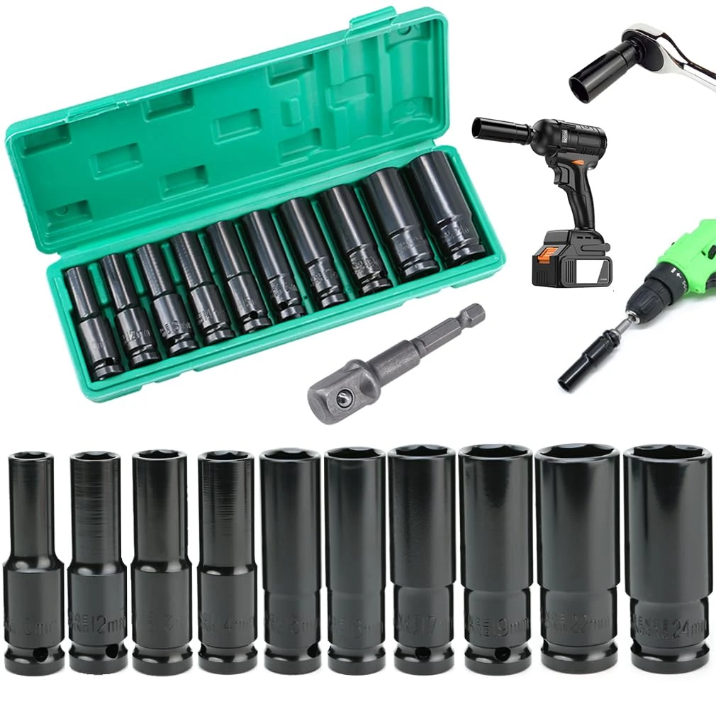 HASERY Deep Socket Set 1/2 inch 10 to 24mm, Extra Long Reach, 11 pcs Impact Driver Hex Bit Sockets, with 1/4 Hex Shank Adapter, Car Large Torque Wrench for Drill, Ratchet, Heavy Duty Spanner Tool
