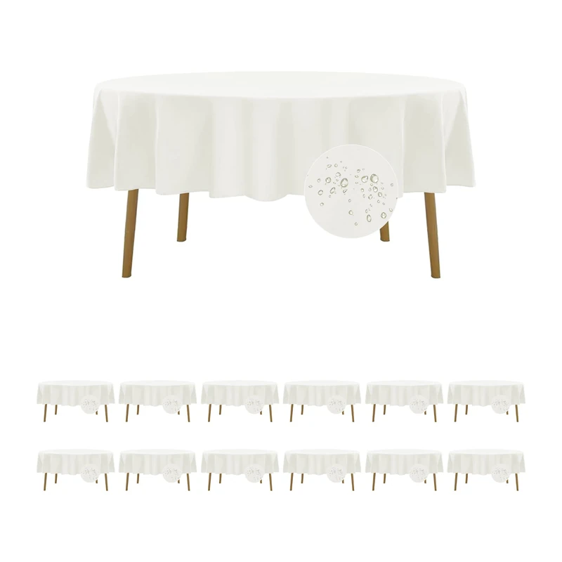Fokitut 12 Pack Waterproof Round Tablecloth, 70 Inch, Stain Resistant and Wrinkle Polyester Table Cloth, Fabric Table Cover for Kitchen Dining, Wedding, Party, Holiday Dinner-Ivory