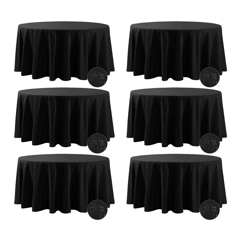 Fokitut 6 Pack Waterproof Round Tablecloth, 108 Inch, Stain Resistant and Wrinkle Polyester Table Cloth, Fabric Table Cover for Kitchen Dining, Wedding, Party, Holiday Dinner-Black