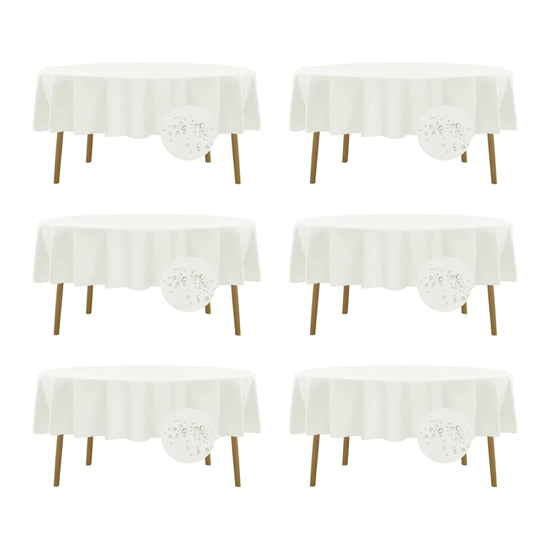 Fokitut 6 Pack Waterproof Round Tablecloth, 90 Inch, Stain Resistant and Wrinkle Polyester Table Cloth, Fabric Table Cover for Kitchen Dining, Wedding, Party, Holiday Dinner-Ivory