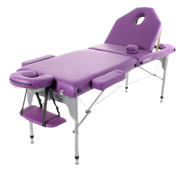 Quirumed Aluminium Folding Massage Table, 186 x 66 cm, Upholstery 14 cm, Leatherette, Colour Purple, Height adjustable, Foldable backrest, Lightweight, Up to 150 kg