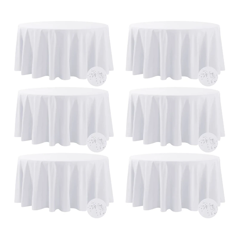 Fokitut 6 Pack Waterproof Round Tablecloth, 120 Inch, Stain Resistant and Wrinkle Polyester Table Cloth, Fabric Table Cover for Kitchen Dining, Wedding, Party, Holiday Dinner-White