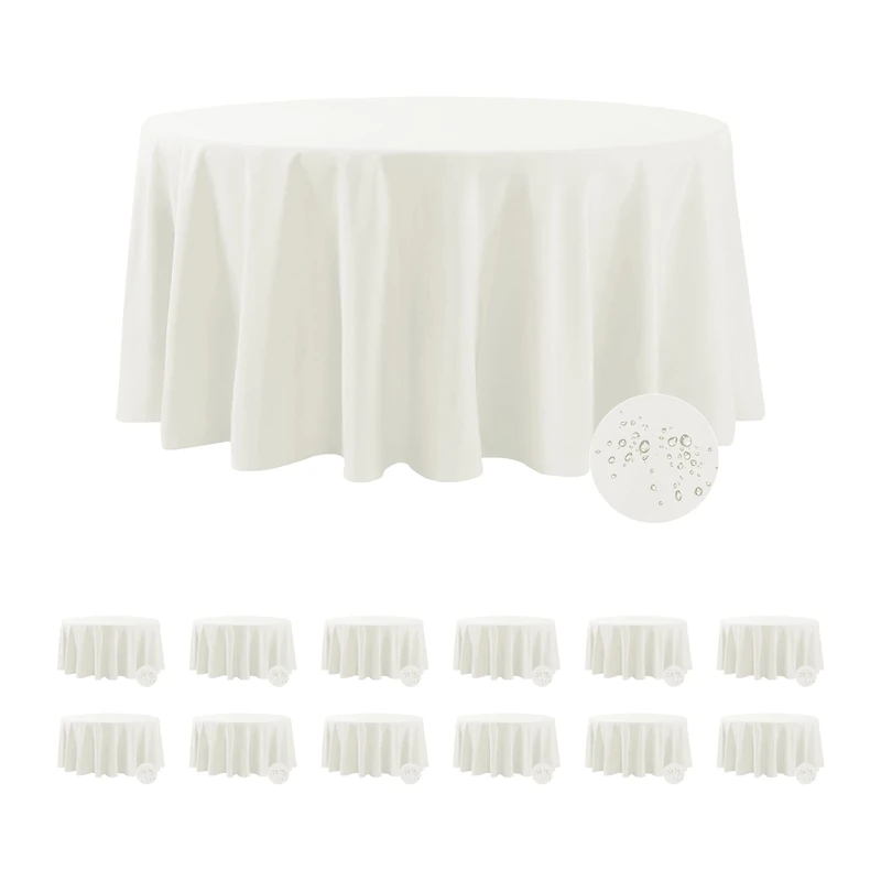 Fokitut 12 Pack Waterproof Round Tablecloth, 120 Inch, Stain Resistant and Wrinkle Polyester Table Cloth, Fabric Table Cover for Kitchen Dining, Wedding, Party, Holiday Dinner-Ivory