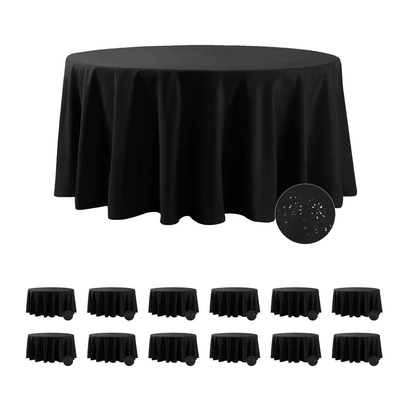Fokitut 12 Pack Waterproof Round Tablecloth, 132 Inch, Stain Resistant and Wrinkle Polyester Table Cloth, Fabric Table Cover for Kitchen Dining, Wedding, Party, Holiday Dinner-Black
