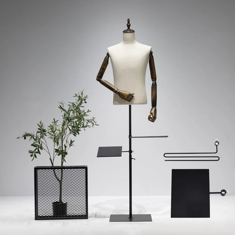 Male Dress Form Display Mannequin Body Torso Stand, Adjustable Height 53" ~76" with Wooden Arm, Clothes Stand, Shoe Holder and Metal Stand, Pinnable Mannequin for Clothing, Jewelry, Sewing