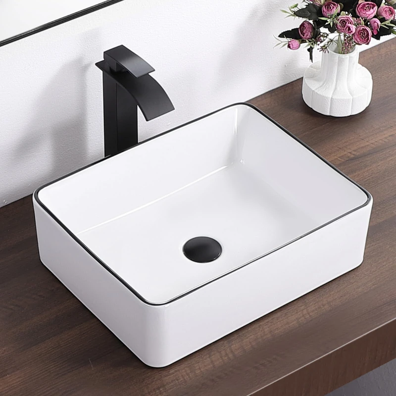 Bathroom Vessel Sink Rectangle - KARAMAG 19"x15" Rectangular Modern Above Counter Bathroom Sink White Porcelain Ceramic Vessel Vanity Sink Art Basin
