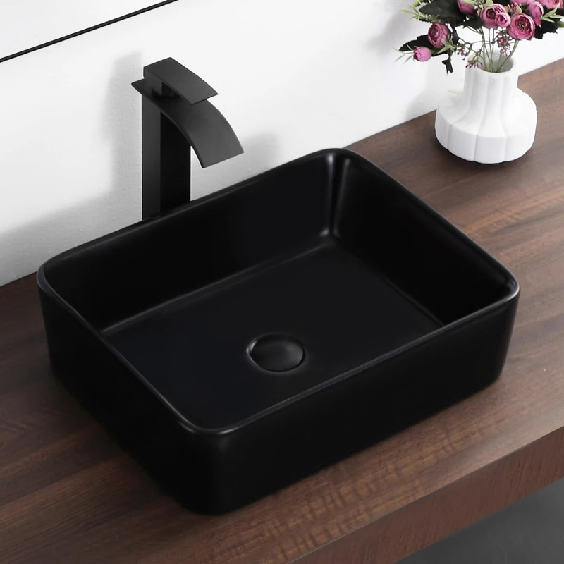 KARAMAG 19"x15" Bathroom Vessel Sink Above Counter Rectangle Black Ceramic
