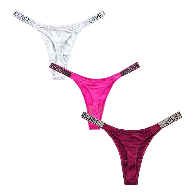 4UFIT Womens Sexy Rhinestone Thongs Low Waist High Cut Bikini Underwear Hipster T Back Panties, Wine+white+phosphor, S