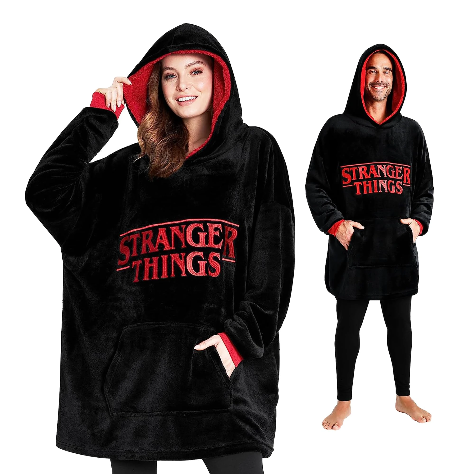 Stranger Things Hoodie Oversized Poncho for Adults Teenagers - Warm Fleece Blanket Hoodie Official Merchandise (Black/Red)