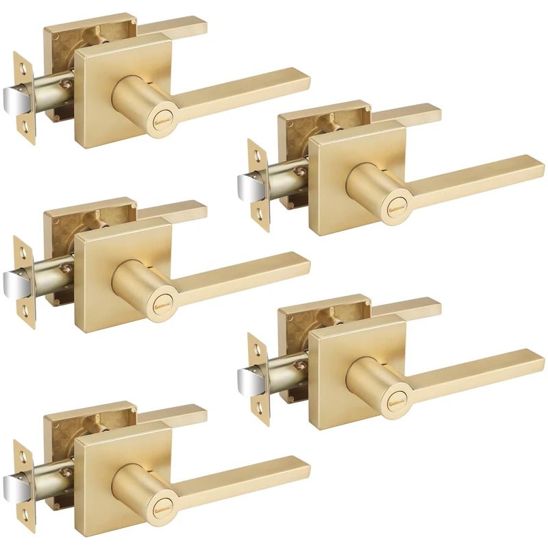 EHOMEWARE 5 Pack Door Knobs Interior, Bathroom Bedroom Door Locks Door Handles in Satin Brass Finish, Heavy Duty Keyless Privacy Door Handles with Locks, Sleek Design & Durable Construction