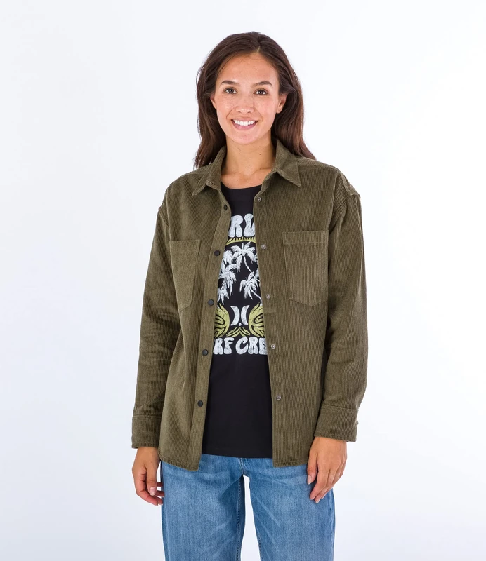 Hurley Women's W Oceancare Corduroy Overshirt Shirt, Olive Night, L