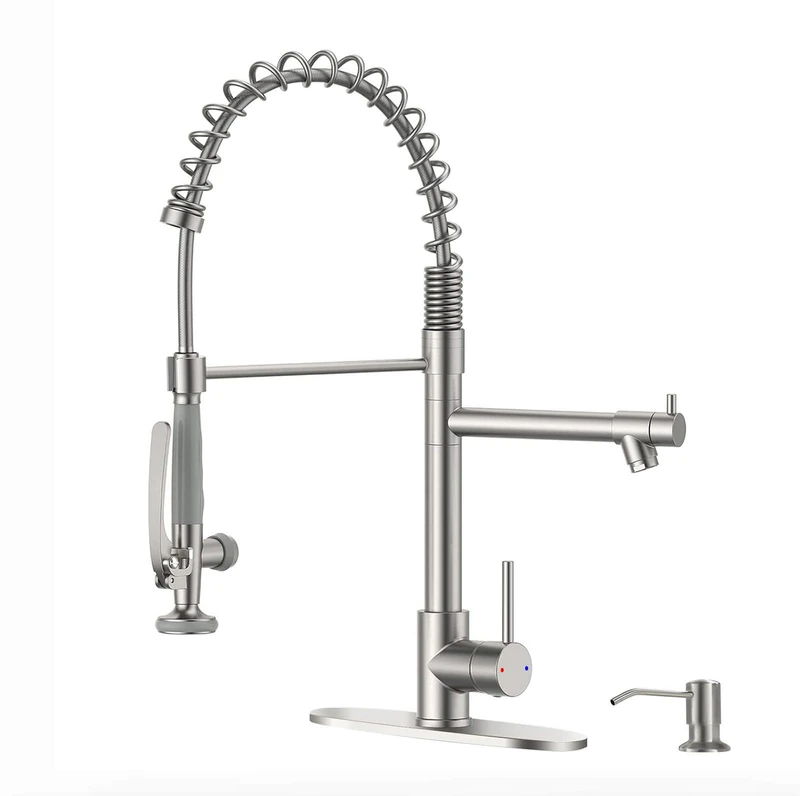Fapully Commercial Pull Down Kitchen Sink Faucet with Sprayer Brushed Nickel Single Handle Faucets for Kitchen Sink, Kitchen Faucet with Soap Dispenser and Deck Plack for 4 Hole