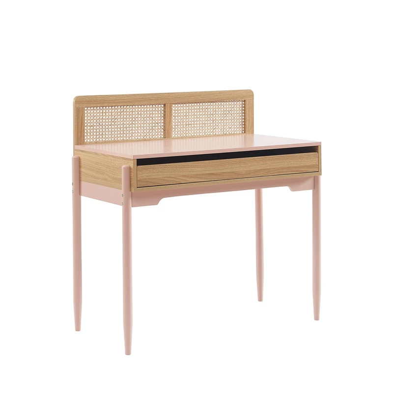 BAÏTA PABLO Pink and Rattan Caning Desk 90cm - Image 1