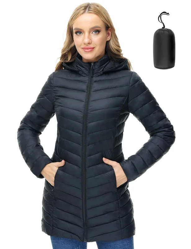 ANOTHER CHOICE Women Puffer Jacket Hooded Warm Lightweight Packable Quilted Puffer Coat Outwear, Black, L
