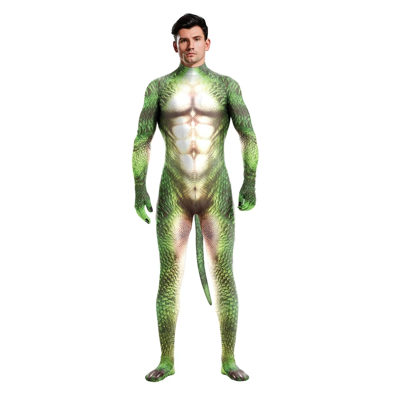 Bemeiren Men's Animal Bodysuit Costume with Big Tail Print Petsuit Spandex Furry Jumpsuit Cosplay Halloween Party, Crocodile, Small