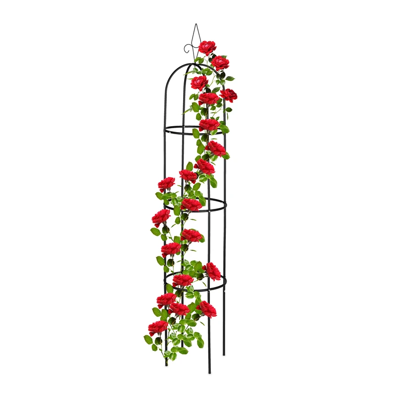 Relaxdays Garden Obelisk, 200 cm Tall, Support for Climbing Plants, Metal, Free-Standing, Rose Cage, Black, Steel