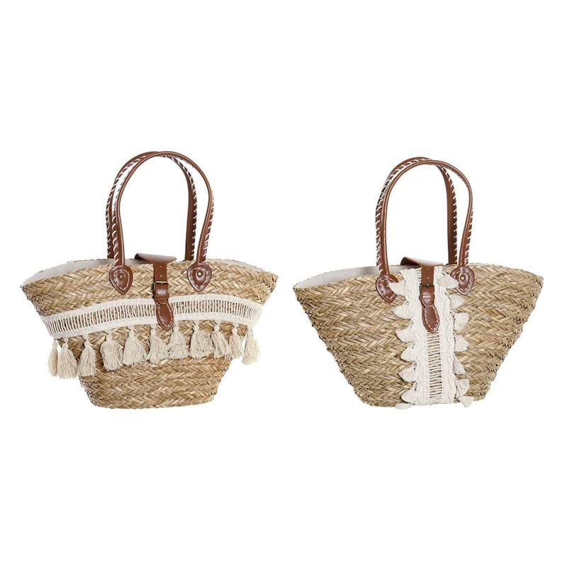 DKD Home Decor Natural Polyester Wicker PU Beach Bag (59 x 16 x 30 cm) (2 Units), Unisex Adults, White (White), One Size - Image 1