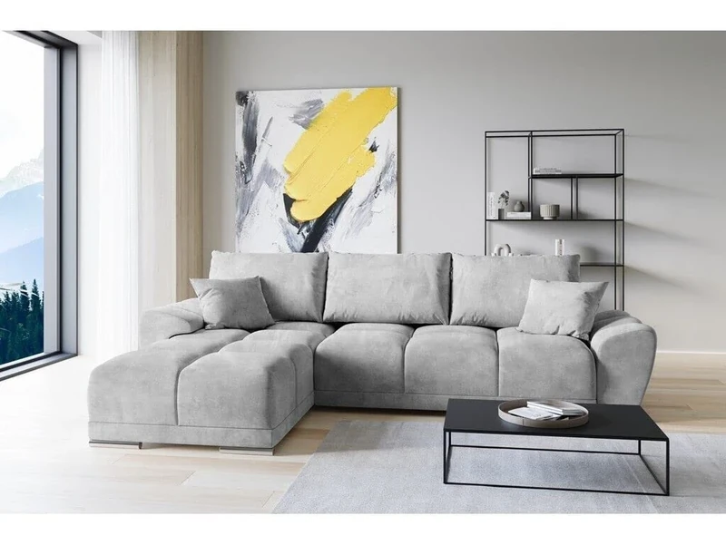 Easy Velvet L-Shape Corner Sofa - Light Grey Sofa - Couch with Storage Space and Cushion - Pull-Out Sofa Bed - Sofa with Sleep Function - Sofa Bed with Bed Box - Guest Bed - 291 x 183 cm