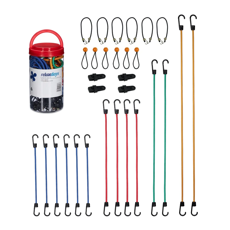 Relaxdays Bungee Cord, Set of 30, Tensioner with Hook, Camping, Car, Bicycle, Universal Expander, 6 Sizes, Multicoloured, Rubber, 103 x 3.5 x 1.5 cm