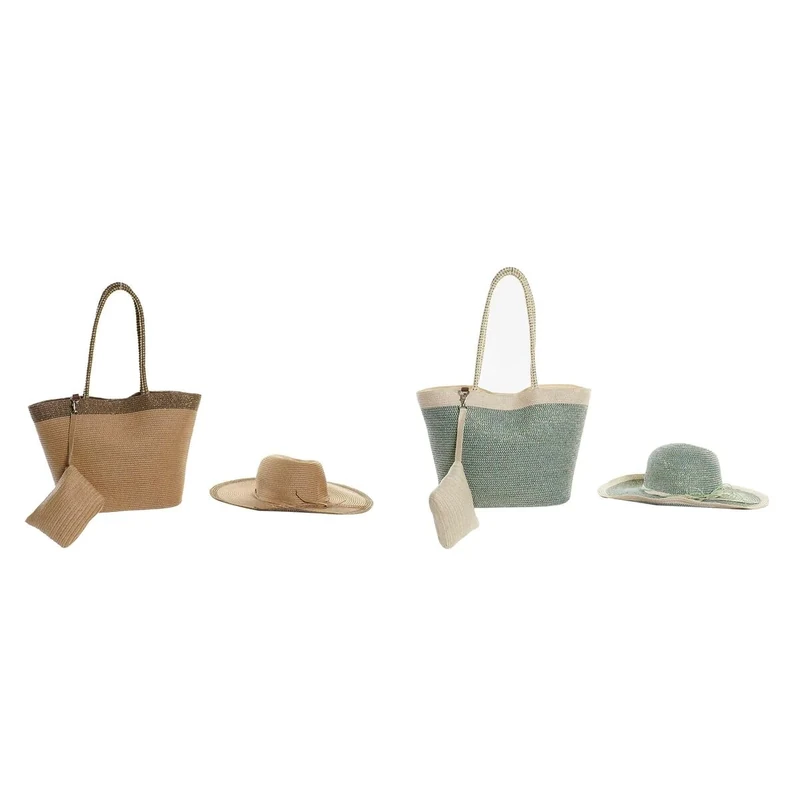 DKD Home Decor Beach Bag Beige Brown Polyester Mint Fibre (43 x 10 x 28 cm) (2 Units), Unisex Adults, Multicoloured (Multicoloured), One Size - Image 1