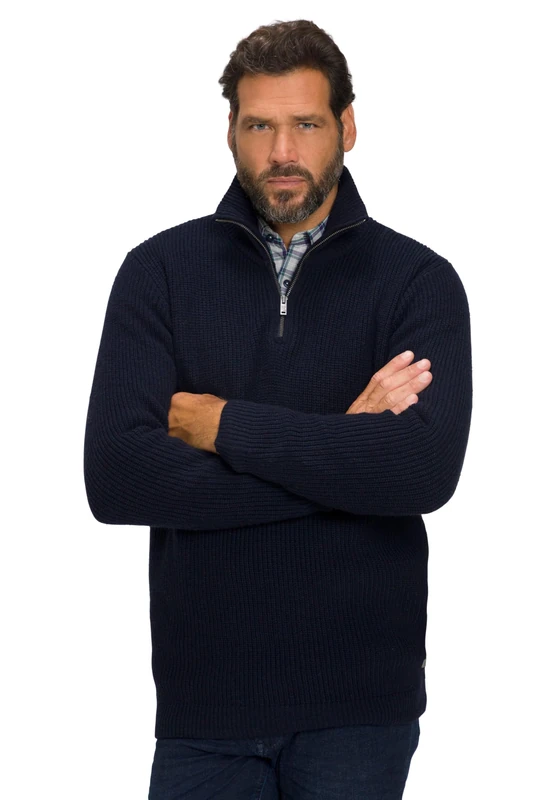 JP 1880 Men's Troyer, Patent Knit, Stand-up Collar Cardigan Sweater, Black, XXXL
