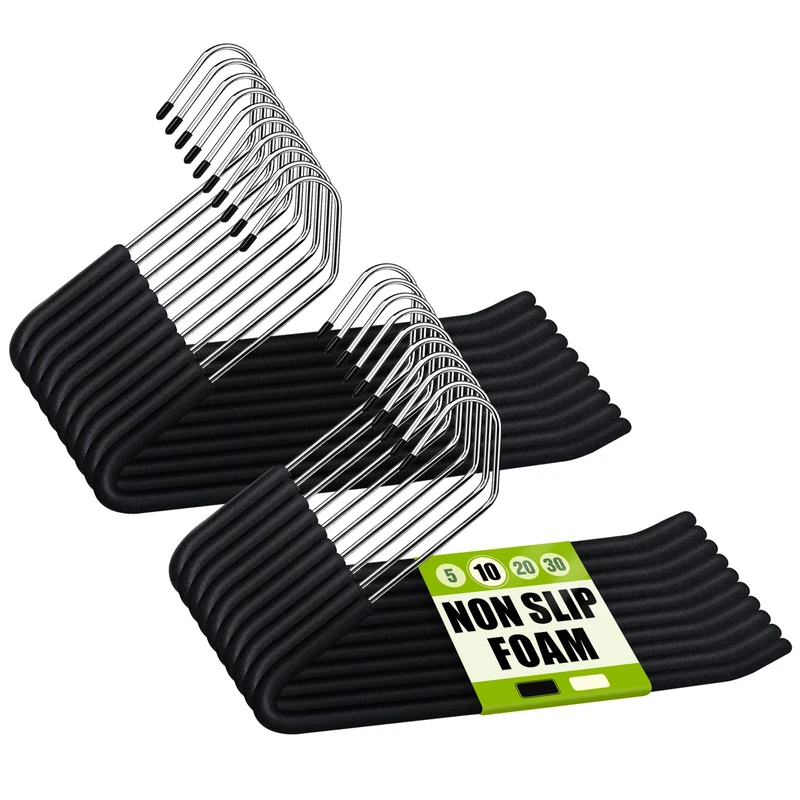 Spring Fever Open Ended Non Slip Sponge Padded Pants Hangers - Chrome Plating Foam Heavy Duty Space Saving Black 20 - Image 1