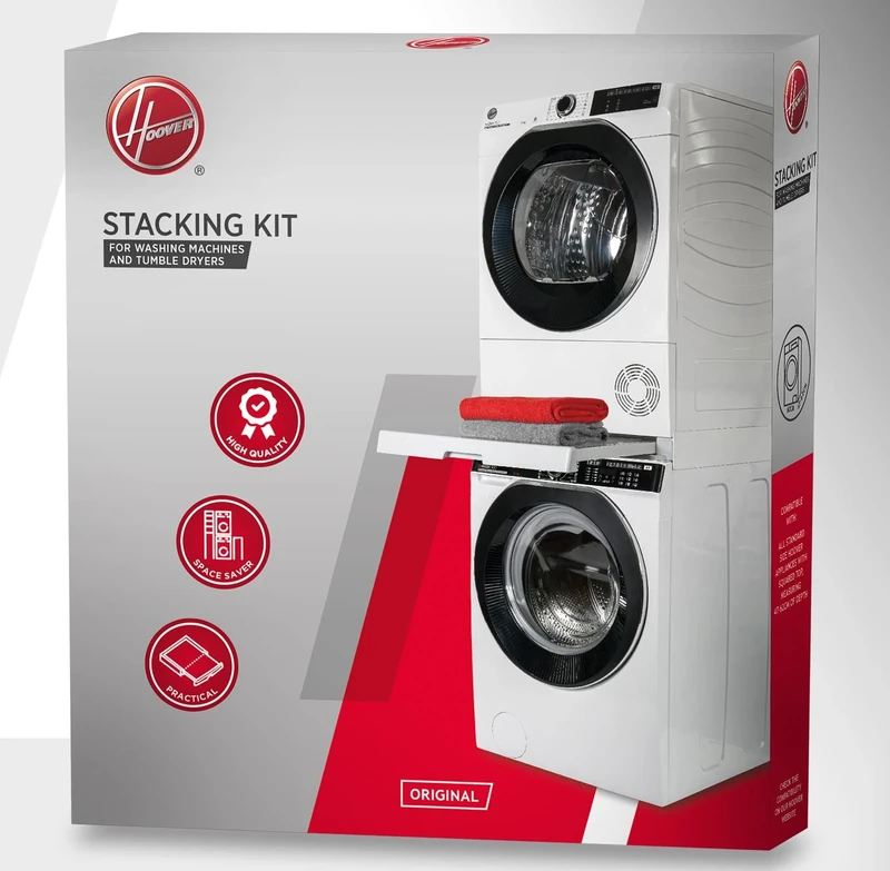 Hoover Universal Stacking Kit with Sliding Shelf for Washing Machines and Dryers - Suitable for Washing Machines with Depth 47-62 cm - Space-Saving - Easy to Install - White - Universal