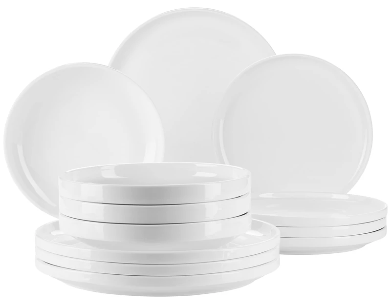 MÄSER Vada Series, Modern Plate Set for 4 People in Robust Catering Quality, 12-Piece Dinner Service in Scandinavian Design, Durable Porcelain, Glossy White