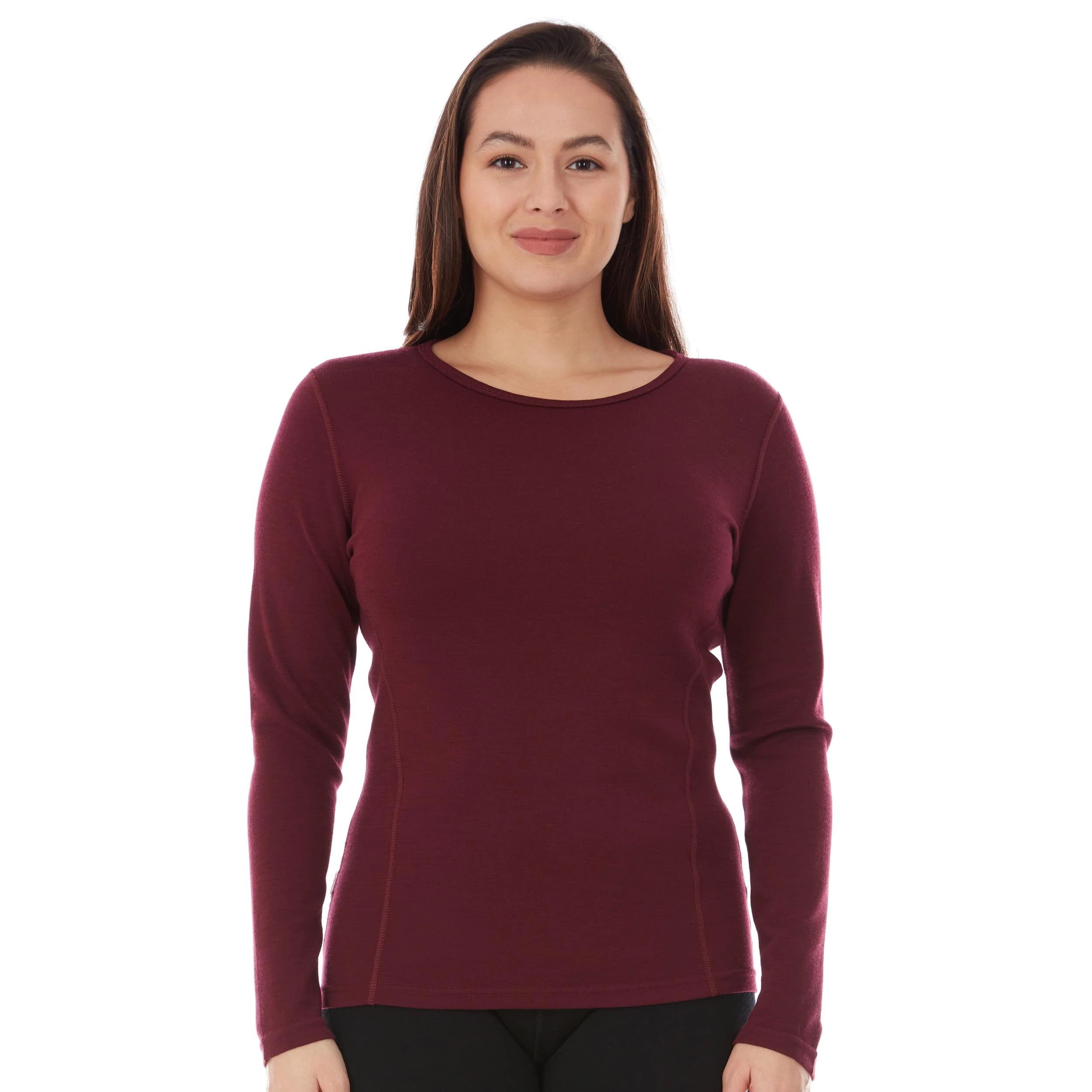 100% Merino Wool - Women's Midweight Base Layer - Long Sleeve Crew - Burgundy - X-Small