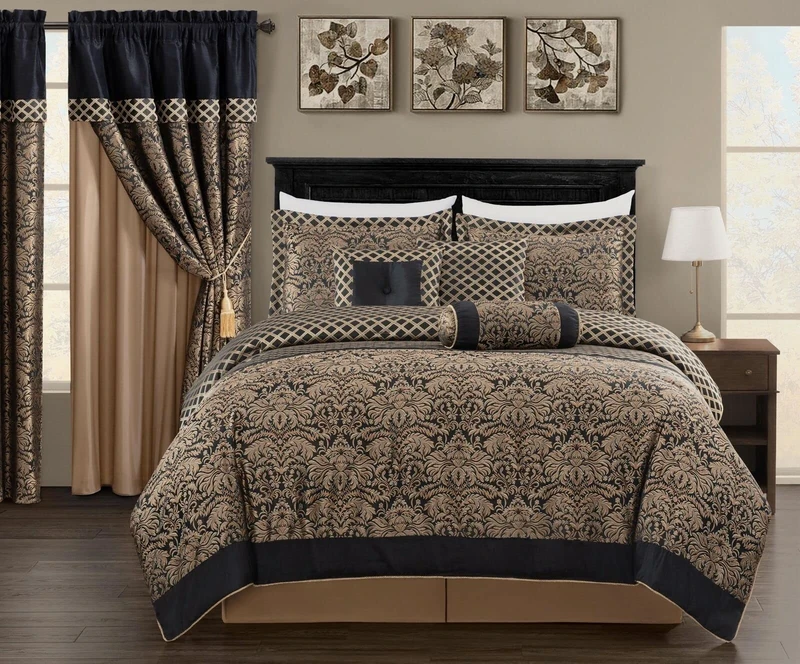 Chezmoi Collection 7-Piece Black/Gold Diamond Floral Medallion Jacquard Woven Comforter Set, Queen