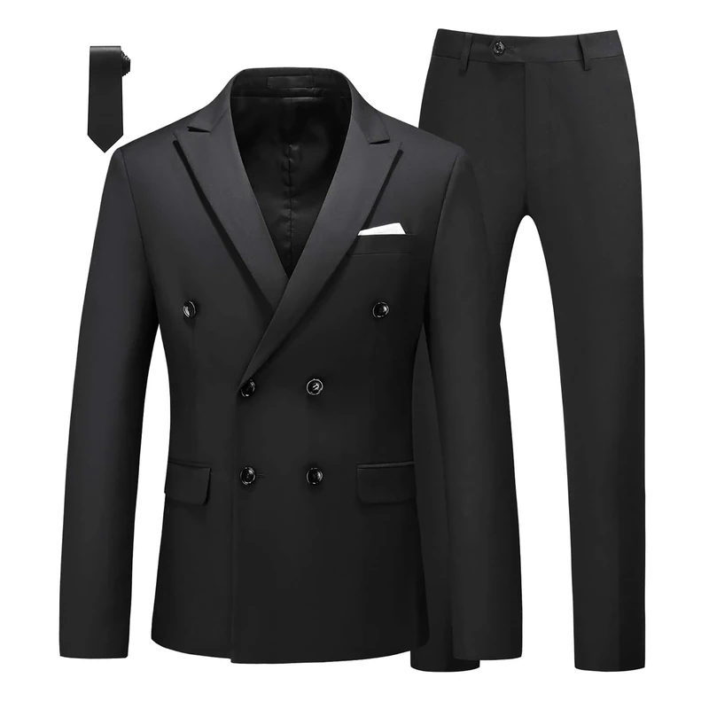 MOGU Mens 2 Piece Double Breasted Suit Slim Fit Tuxedo Blazer and Pants for Wedding Prom Homecoming, Black, 46