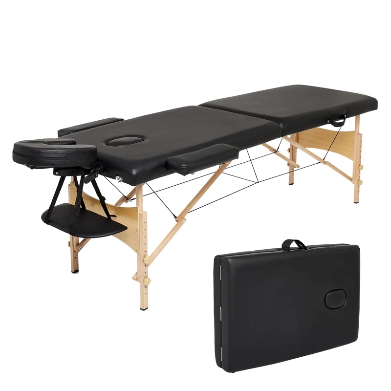 Meerveil Portable Massage Table 2 Sections Folding Cosmetic Bed in LEATHER and Wood, with Removable Headrest, Adjustable Armrests, Carry Case and Accessories，Black, 198x60x81cm