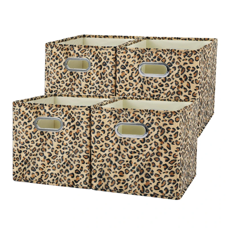 ANMINY 4 Pack Velvet Storage Cubes Foldable Washable Storage Cubes with Handles for Organizing and Storing, Leopard Cheetah Pattern (Brown, 11x11x11 inch)